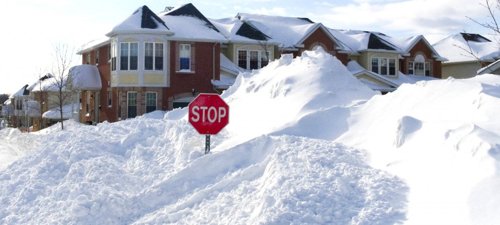 Snow-covered complex entrance